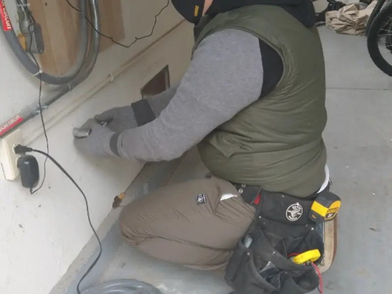 Electrician performing outlet wiring in a Nellis AFB garage